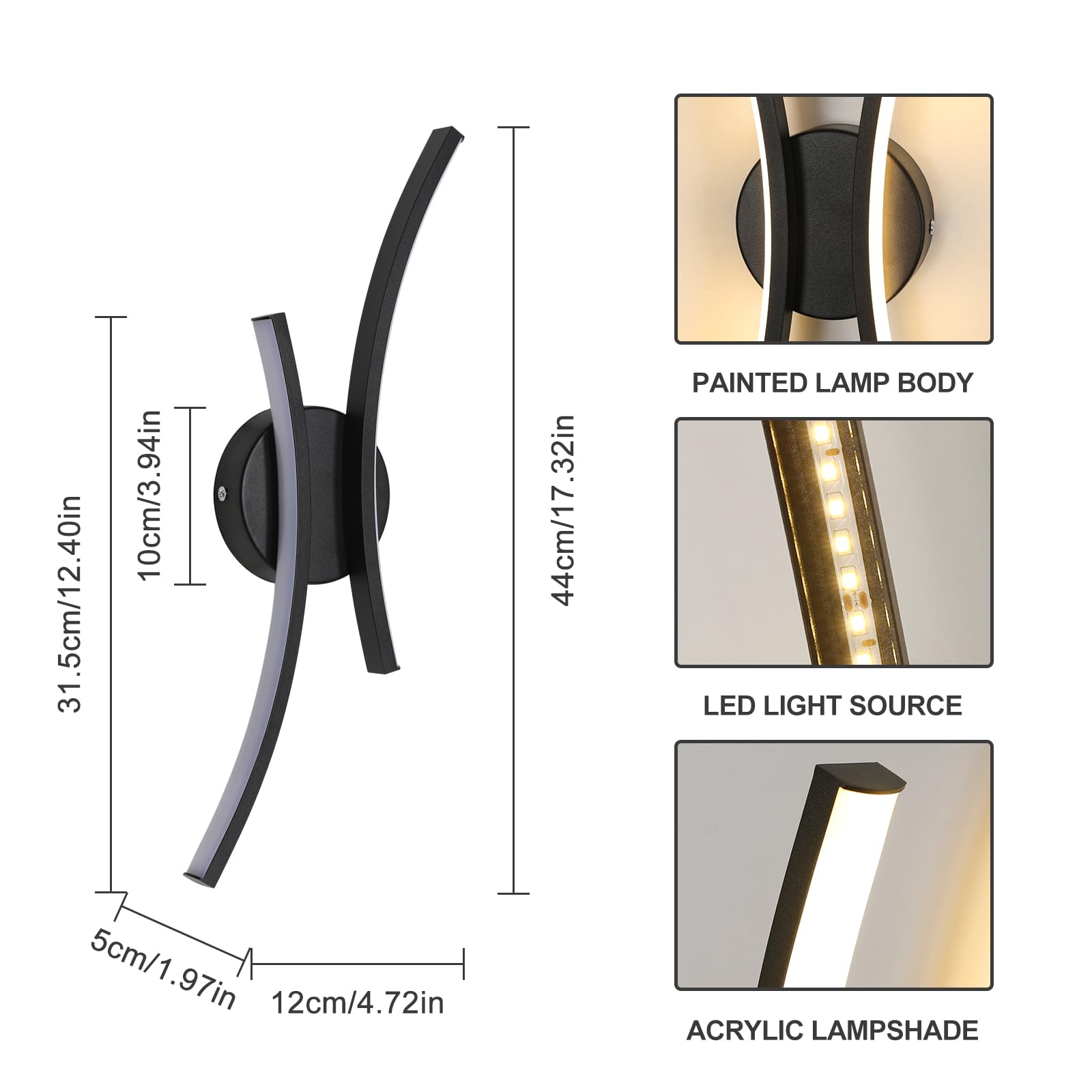 Goeco Modern LED Wall Light, 20W Black Indoor Wall Lamp with 2 LED Strips, 3000K Warm Light - Image 3