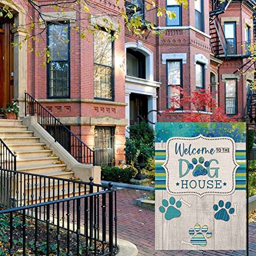 Dog Garden Flag Welcome To Dog House Cute Striped Vertical Burlap Double Sided Outdoor Decor Yard Lawn Home Decoration 12.5 X 18 Inch #TOP2