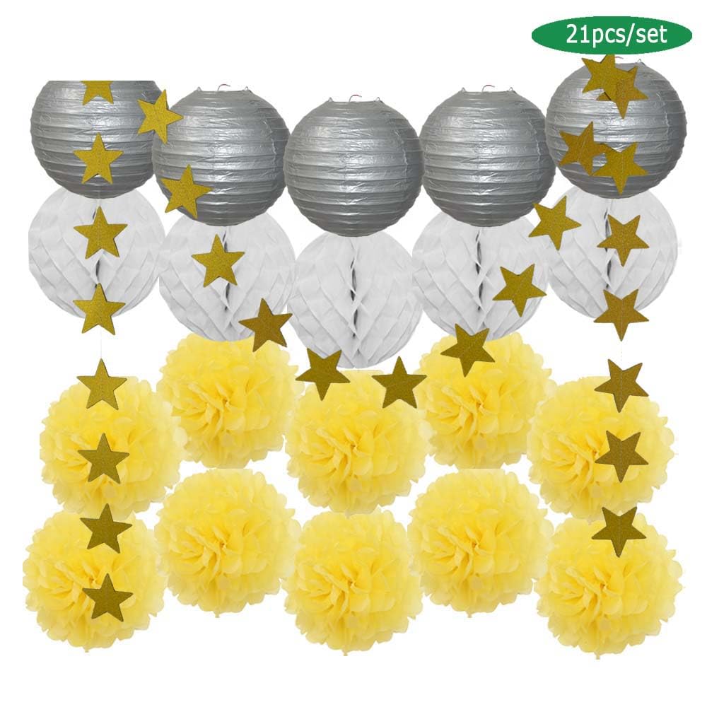 Papier Laterne Garten Haus Dekoration Party Favor Gold Rosa Set Runde Papier Laterne Weiß Ball Waben Tissue Pompom Hochzeit Urlaub Dekor(White Set)
