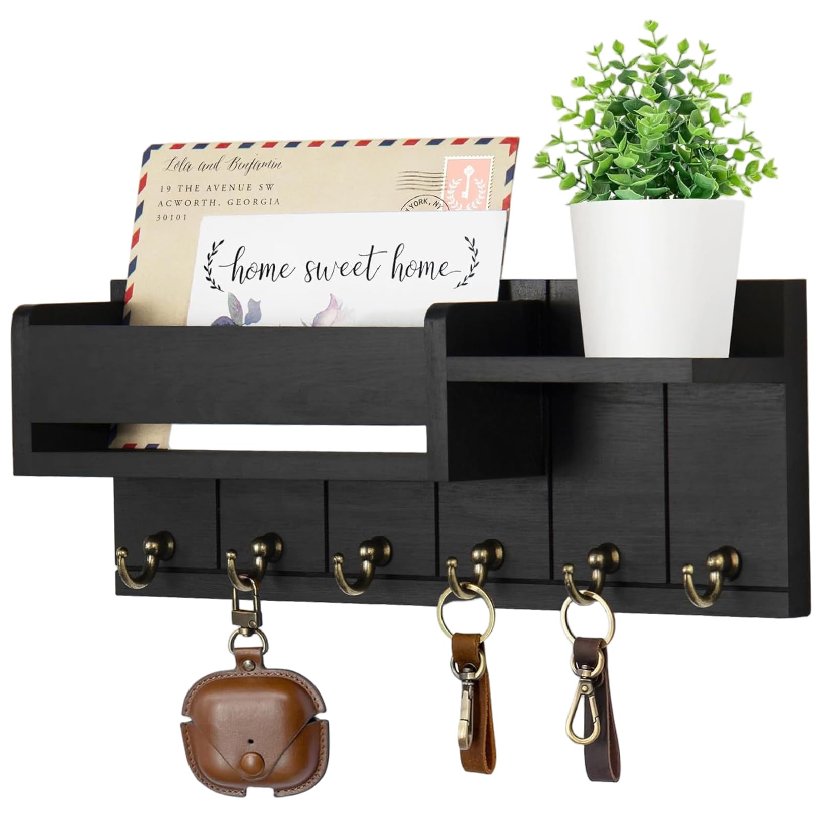 Hbbgdiy Key Holder Wall Mount with Mail Organizer and 6 Hooks, Wooden Entryway Key Rack for Wall, Keys and Letters Storage for Hallway, Kitchen, Doorway, Office