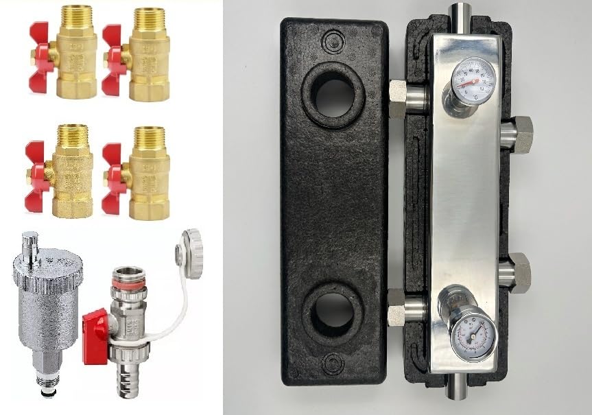 Edelstahl/Hydraulische Weiche/für Heizung/Wärmepumpe mit thermische Isolierung, Manometer und Thermometer, (HYDRAULICHE WEICHE DN25 BIS 50KW MIT ENTLEERUNG, SCHNELLENTLÜFTER UND 4xKUGELHÄHNE DN25)