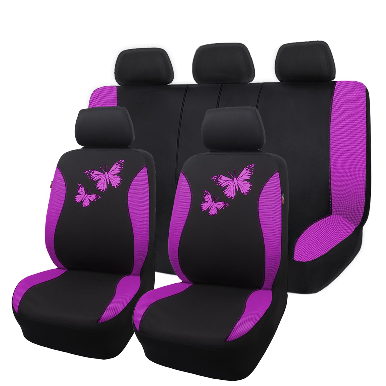 Flying Banner Breathable Mesh Car Seat Covers Colorful Butterfly Offset Printing Pattern Airbag Compatible Protector (Full Set, Purple)