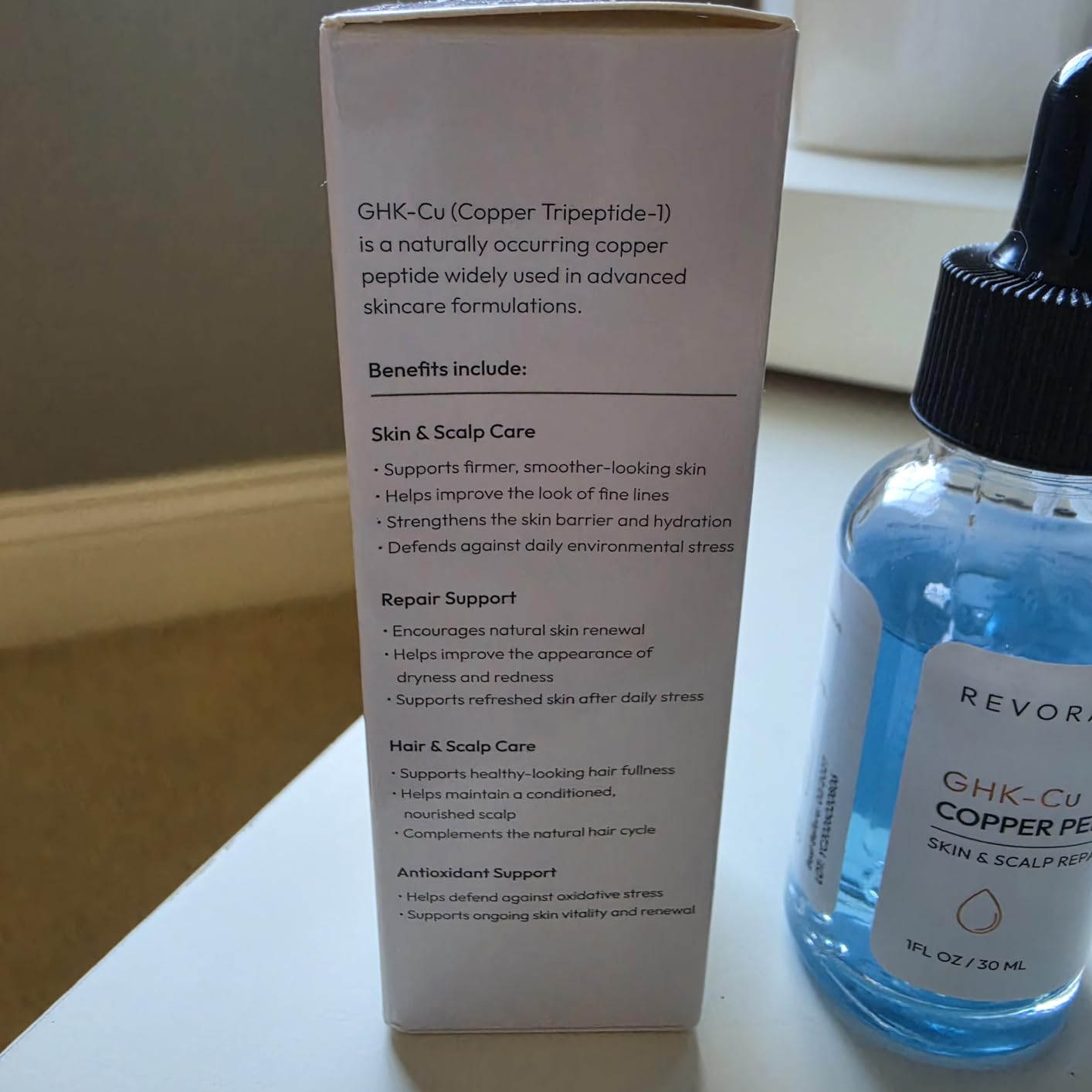 Revora GHK-Cu Topical Copper Peptide Serum | Dual-Action Face & Scalp Care for Hydration & Youthful-Looking Skin | With Hyaluronic Acid, Niacinamide & Centella Asiatica | 1 fl oz / 30 mL