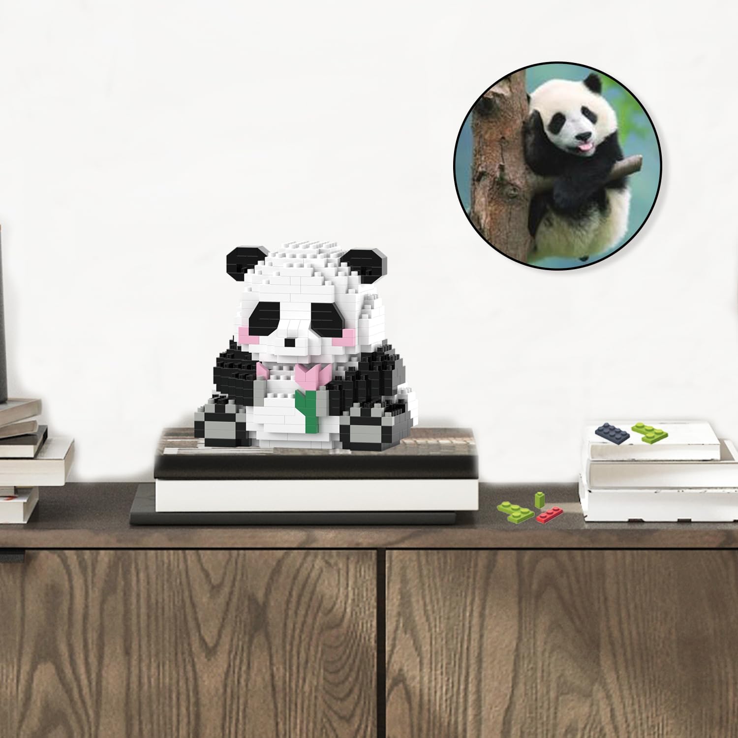 Assembled MJDDJA micro block panda displayed on a shelf