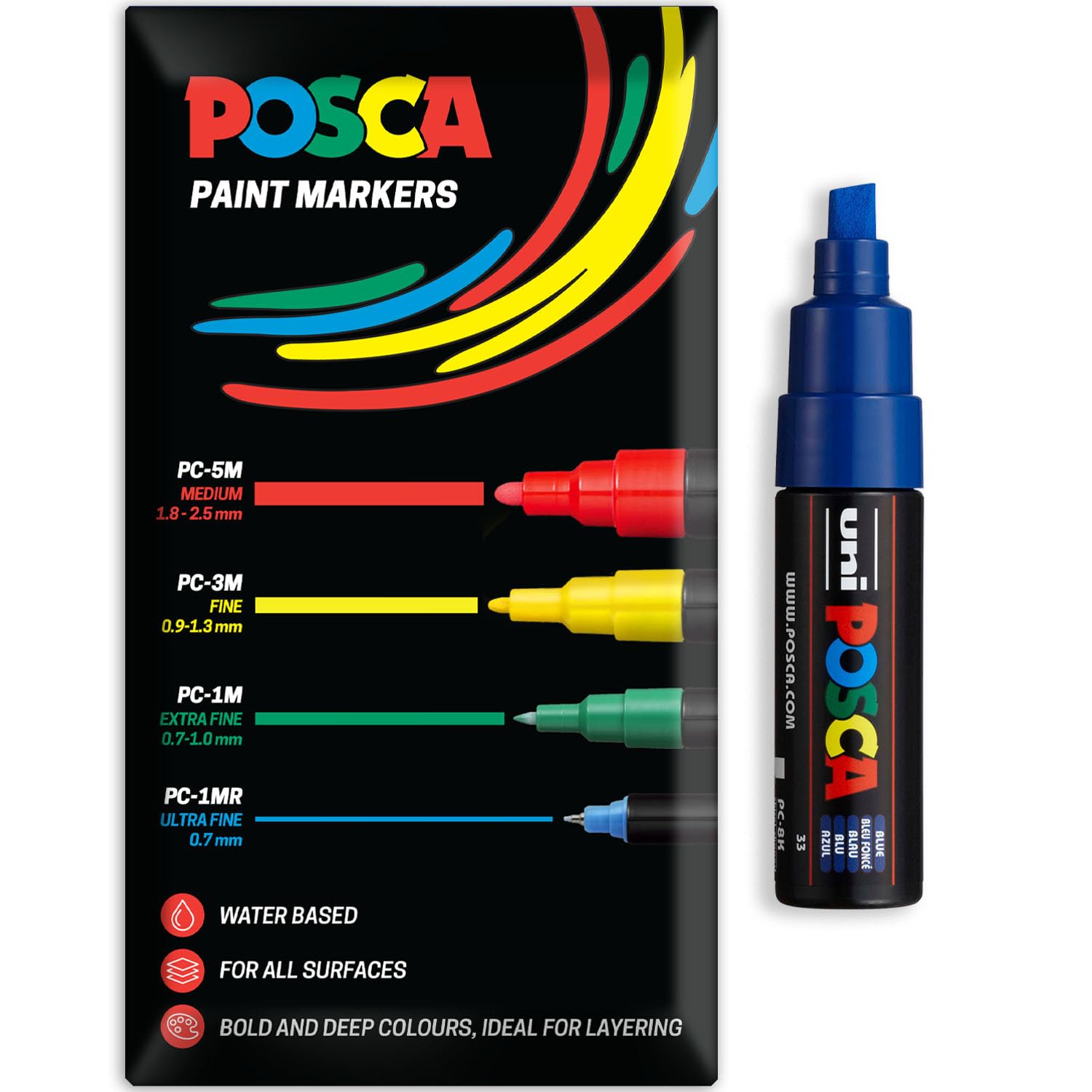 Posca Water Based Acrylic Paint Marker Pens | Multi Surface Use Permanent Paint Pen | Pack of 1 in Envelope Gift Packaging | Glass, Fabric, Wood etc | Chisel Tip PC-8K, Blue