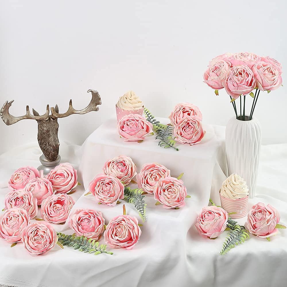 IPOPU Pink Flowers Silk Rose Heads 25PCS Fake Roses Artificial Flowers Real Touch for Wall Decoration Bouquet Flower Heads Bulk Wedding Centerpieces