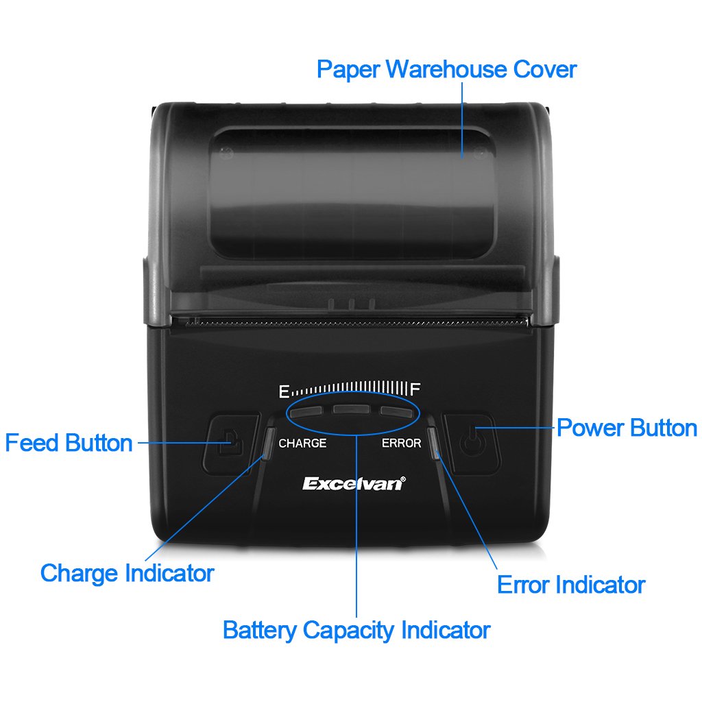 Dno view of the EXCELVAN E300 printer with the battery compartment open, showing the lithium battery and a warning to remove insulating tape.