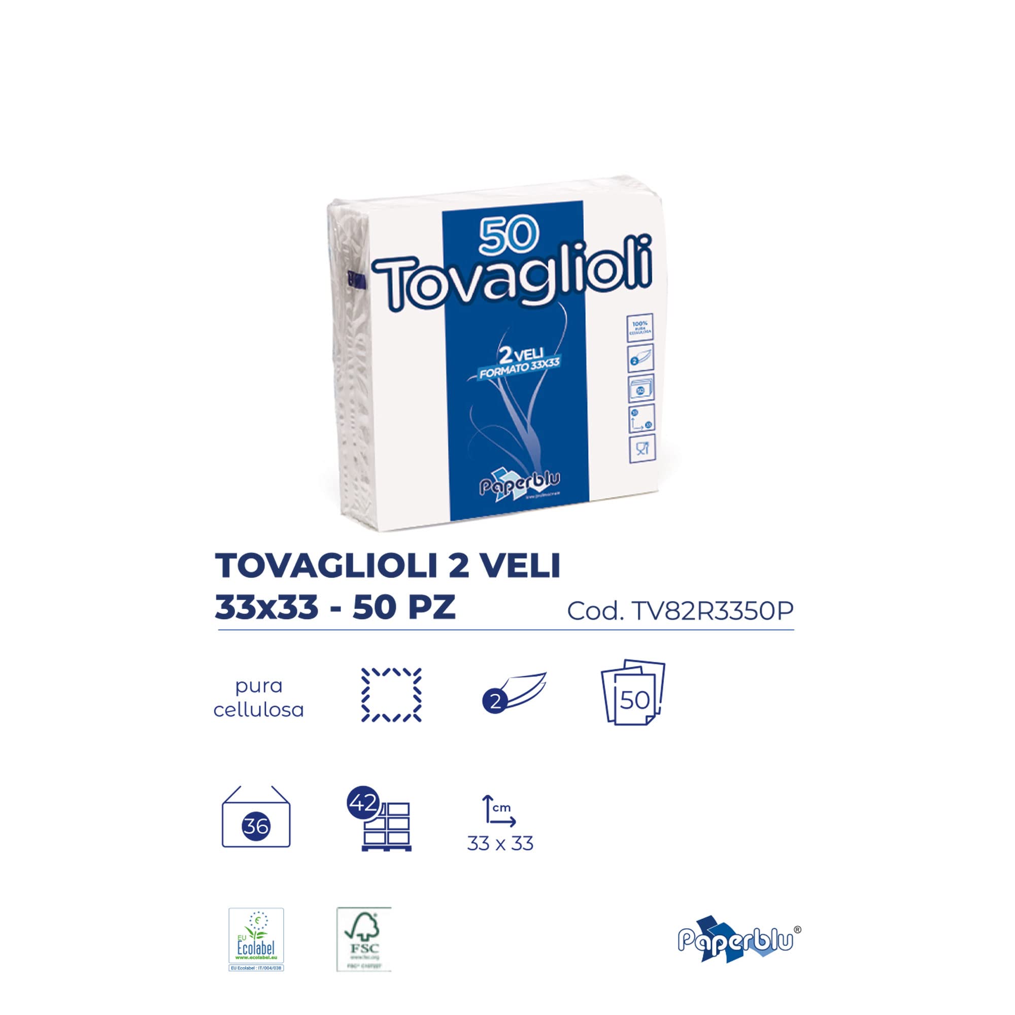 Tovaglioli carta monouso Paperdì 33x33 cm, bianchi, 2 veli, 36 confezioni da 50 pezzi (1800pz)