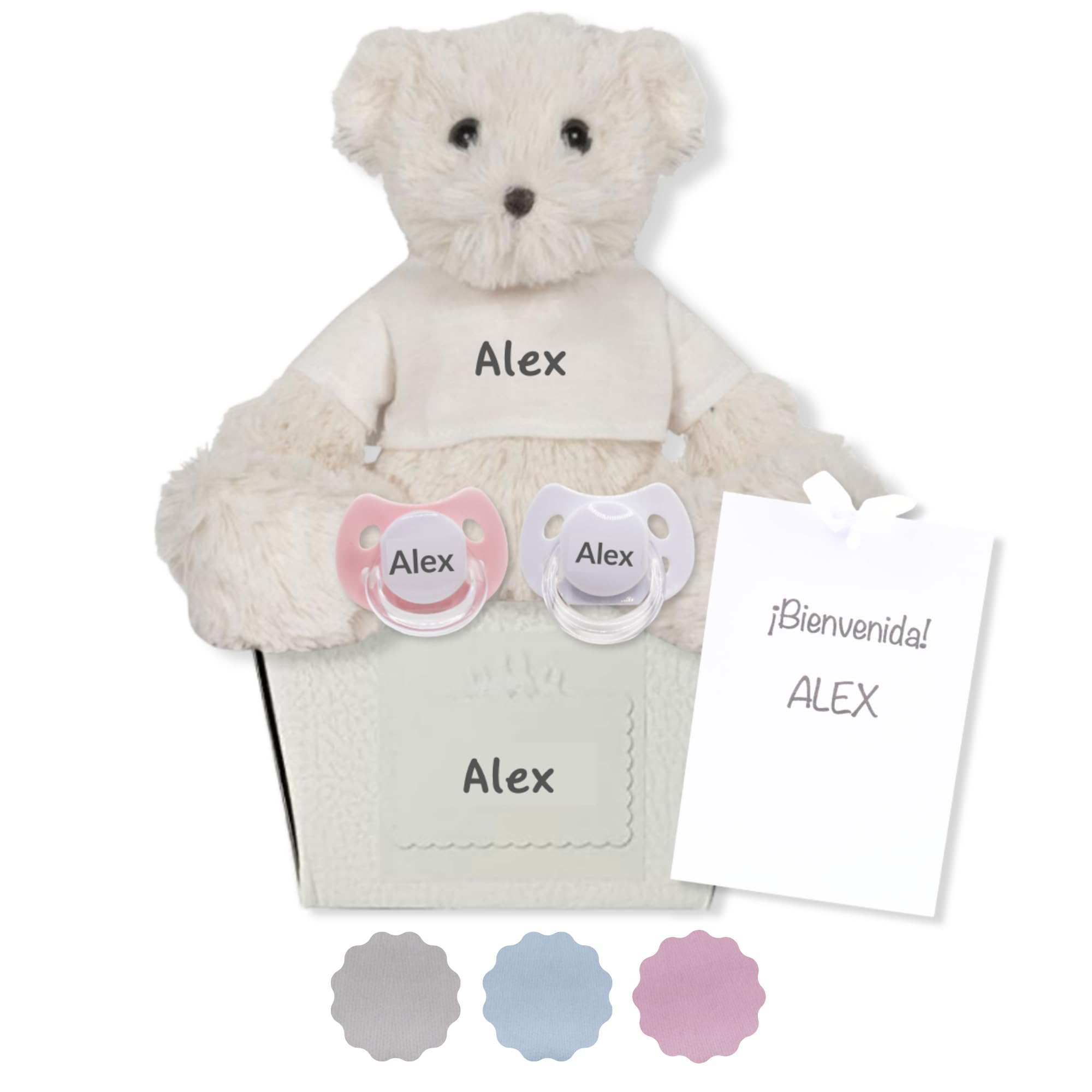 Regalo personalizzato per la nascita | 2 Ciucci per Bambini Personalizzati | per Neonati 0/6 Mesi Senza BPA i orsacchiotto personalizzato in scatola personalizzata | BebeDeParis