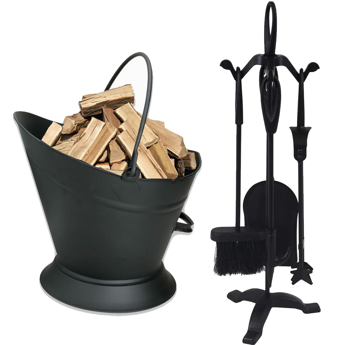 Almineez Coal Companion Set 5 Piece Fireside Companion Tool Set Cast Iron Fireplace Wood Burner Stove Accessories Set With Waterloo Bucket Broom, Shovel, Tong & Poker With Stand