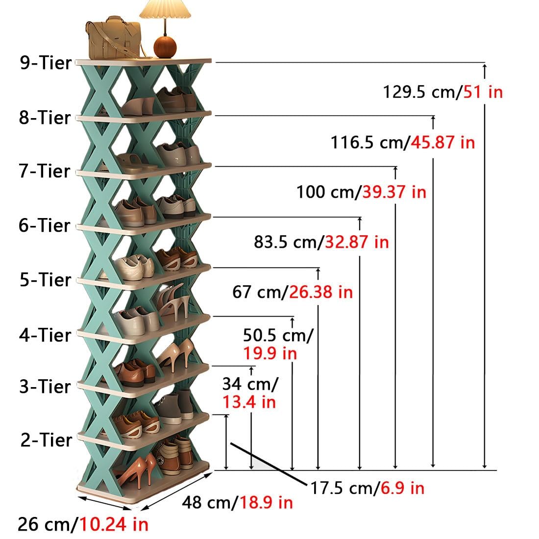 Zapatero apilable modular de 29 niveles de plástico que ahorra espacio, solución de almacenamiento para áreas pequeñas, fácil de montar, estantes verticales para zapatos (verde, 26 x 48 x 67 cm)