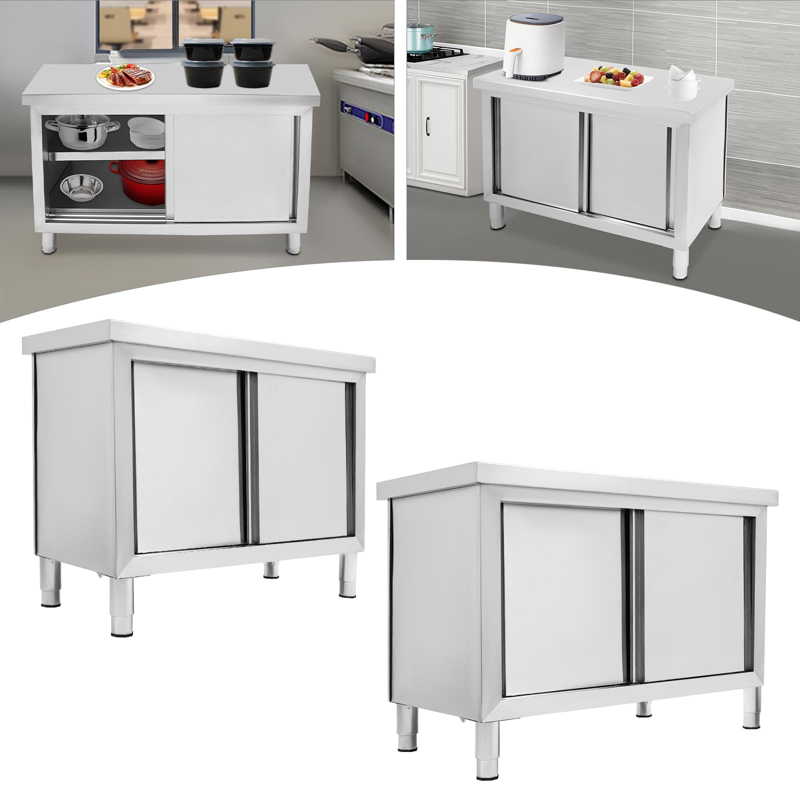 Mesa de trabajo de acero inoxidable para cocina, mesa de trabajo con puertas, armario gastro de acero inoxidable, armario independiente, para despensas, restaurantes, cocinas, grandes cocinas