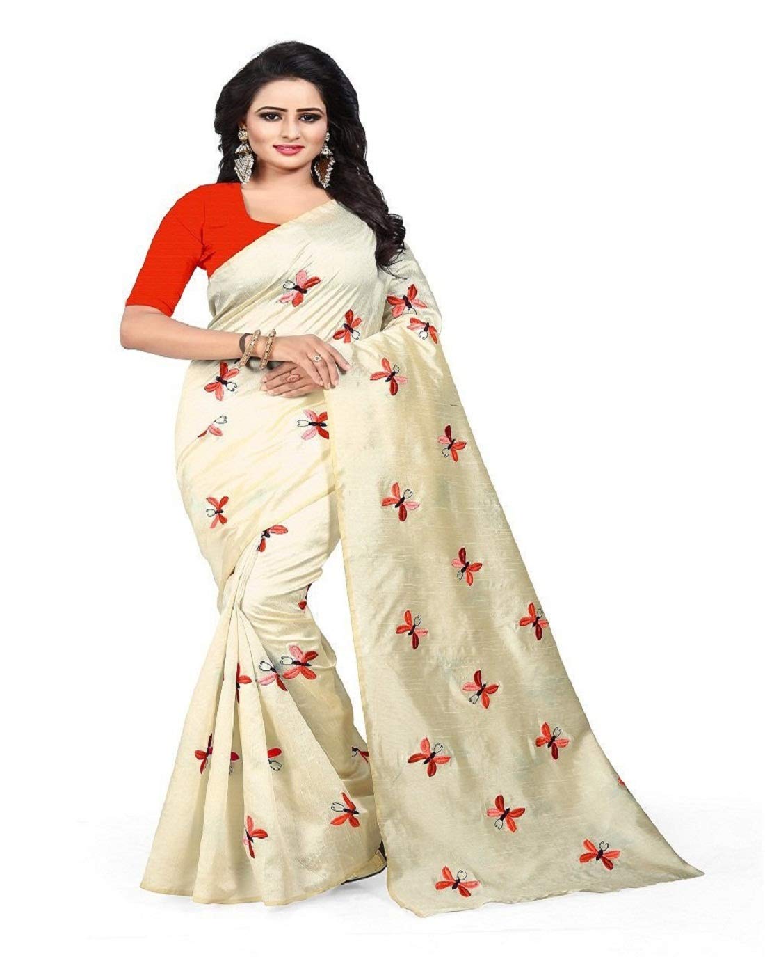 Effigy onlinehub Women's Cotton Silk Block print Weave Saree with Blouse Piece,red ofwhite