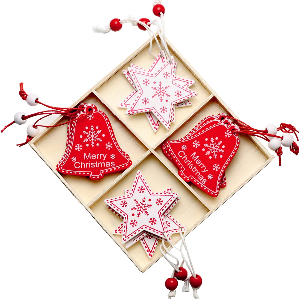 Christmas Ornaments 12 Pcs Christmas Tree Decoration Set Wooden Hanging Crafts Decorations Xmas Tree Hanging Tag Star&Bell Shape