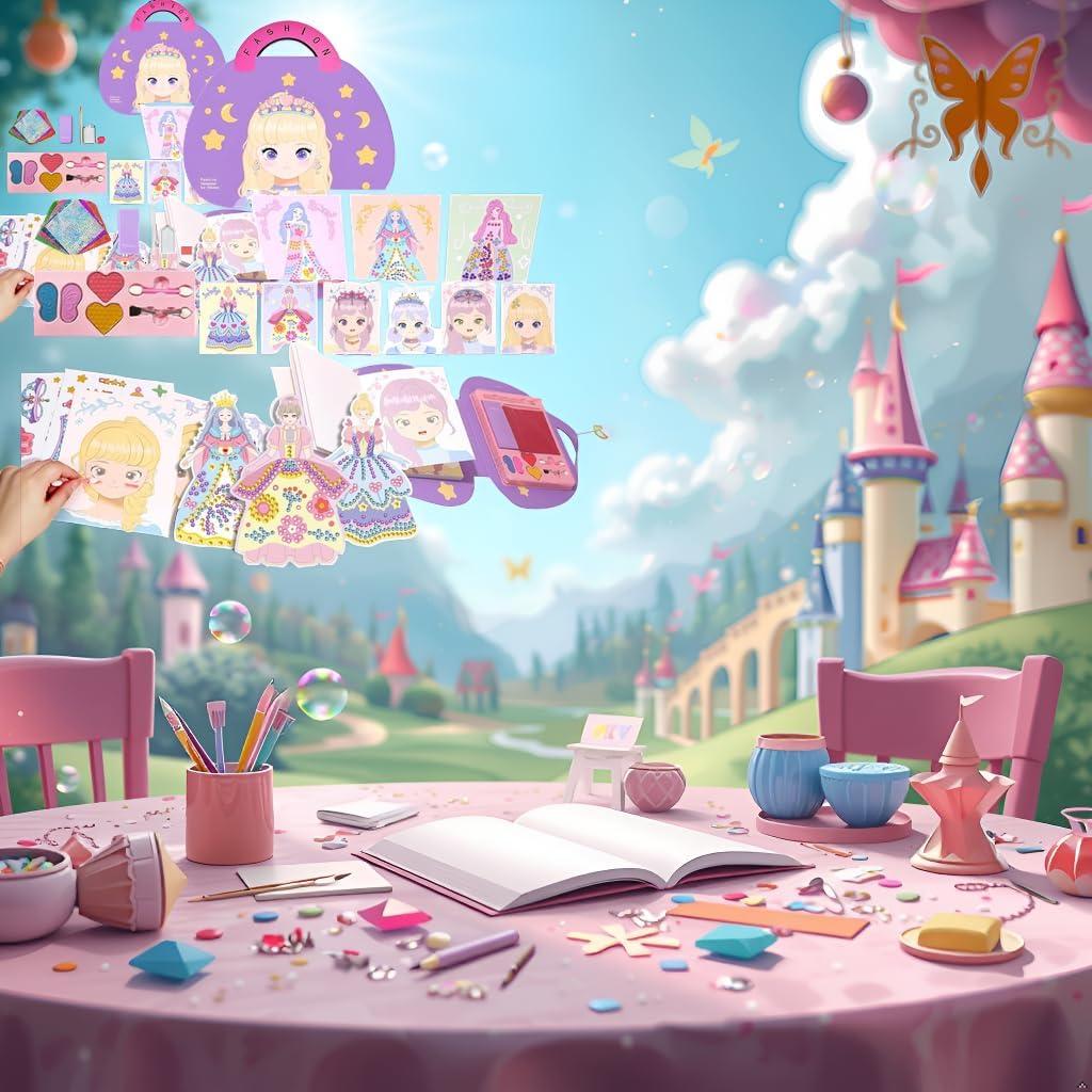 Art Craft Activity for Kids, Princess Fashion Sticker Book, Foil Art Kit, Diamond Painting Kits, Dress up DIY Art Kit for Kids, Mess-Free Toddler Arts and Crafts Supplies for Girls & Boys Ages 5+