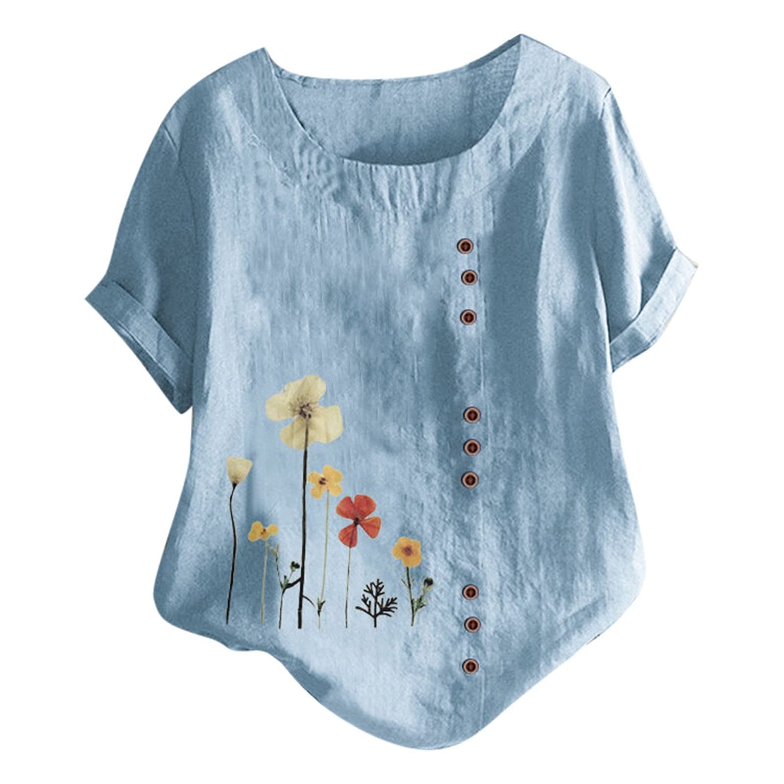 NUSGEAR 2023 Camiseta de Manga Corta Mujer, Moda Verano Impresión Lino de algodón Blusa Camisa Cuello Redondo Camiseta Suelto Tops Fiesta Casual T-Shirt Original cómodo tee Elegante Jersey Talla Grande
