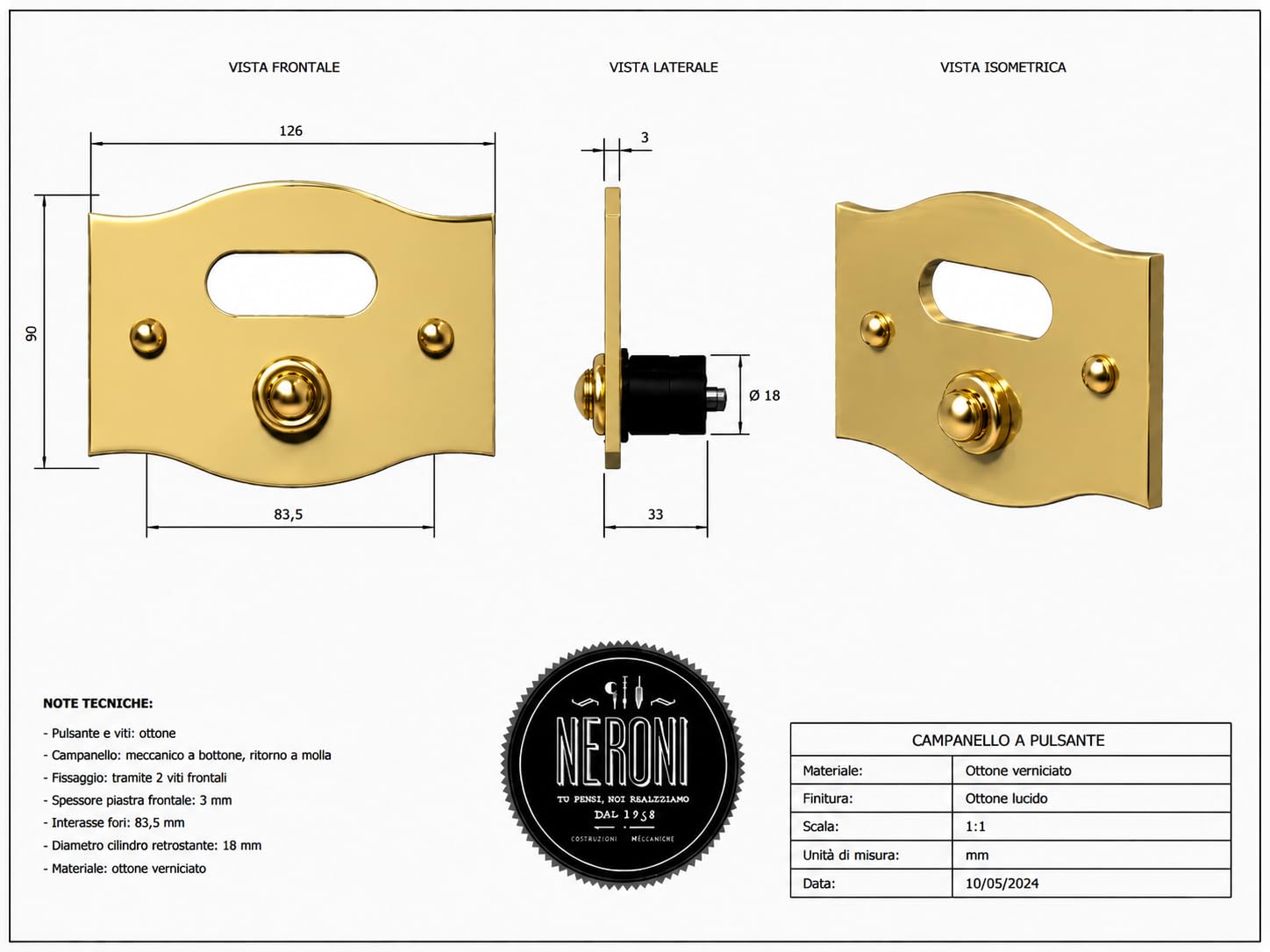 Neroni Mameli Campanello in Ottone Lucido per Esterno abitazione - Porta Ingresso Casa, con Pulsante Elettrico - Modello Costantino - Made in Italy