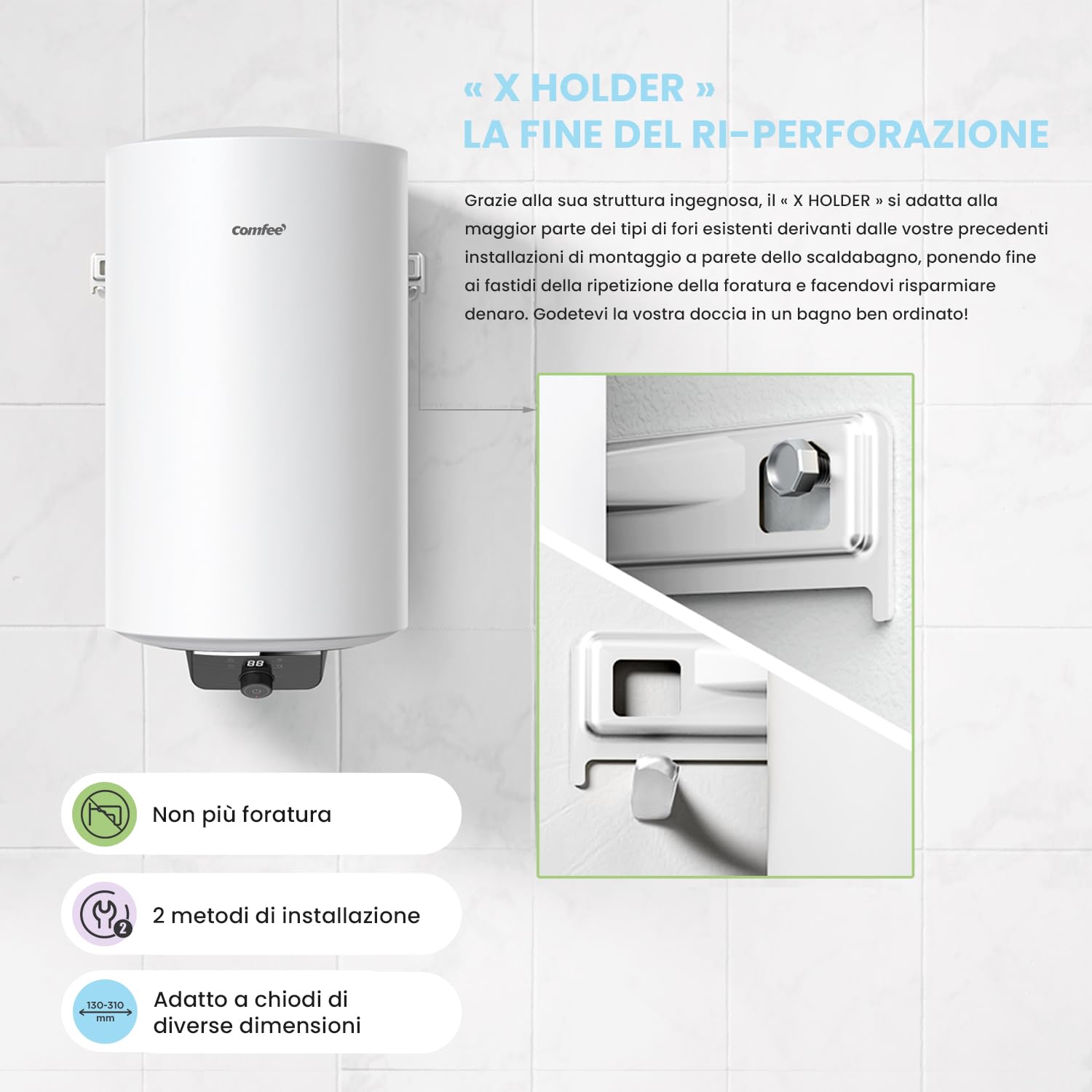 COMFEE' D50-15EFG Scaldabagno Elettrico Murale ad Accumolo 50 L – Sopra lavello ad accumulo — compatto facile da installare