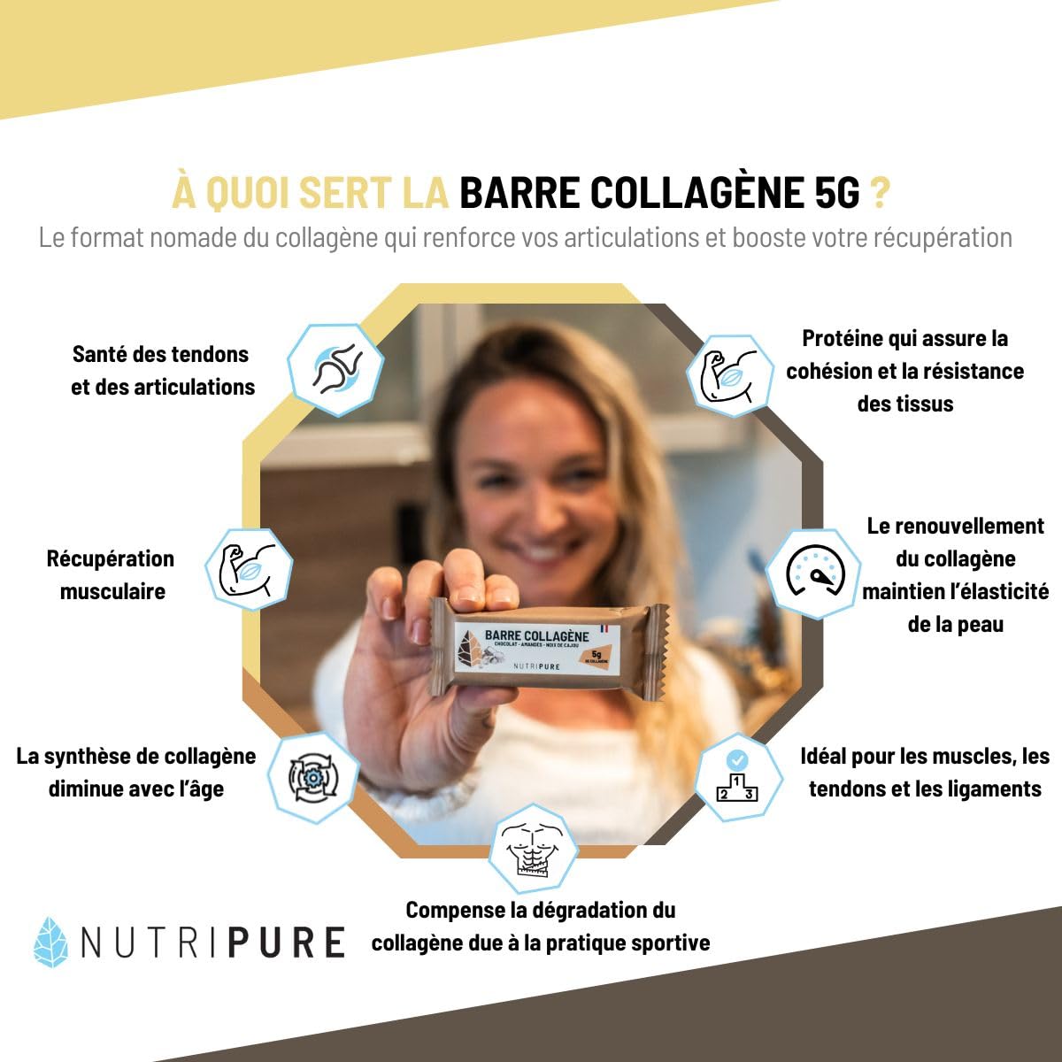 Nutripure Barre Collagène Peptan® Snack Sain Gourmand Amandes Noix Cajou Pépites Chocolat 10g Collagène 170 kcal 20 barres