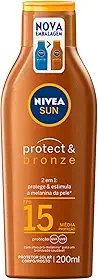 NIVEA SUN Protetor Solar Protect & Bronze FPS15 200ml - Com ativo de pró melanina, resistente à água, protege dos raios UVA/UVB, ajuda a manter a cor bonita e uniforme por mais tempo