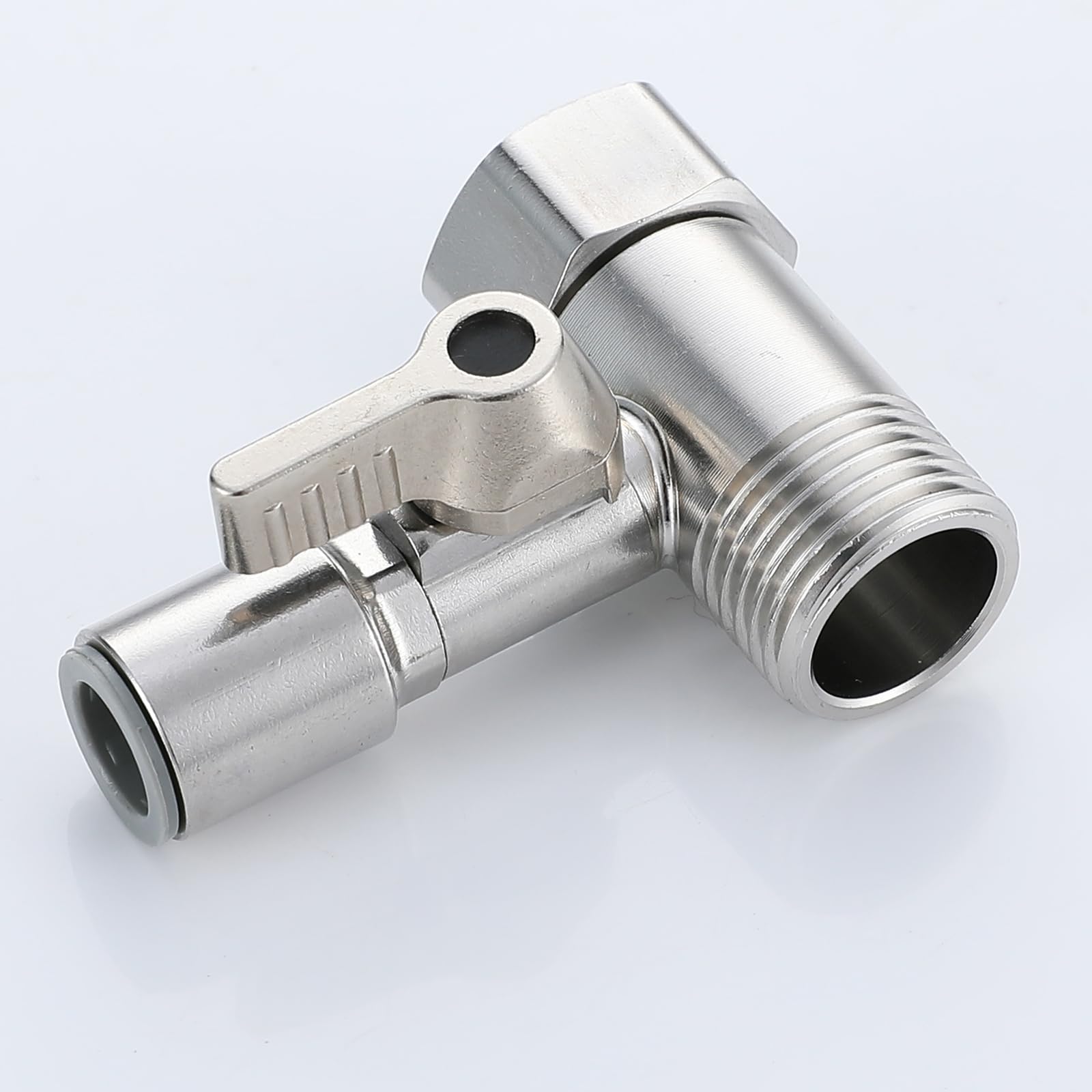 Conector en T de acero inoxidable de 3 vías con válvula de cierre, accesorio de fontanería BSP 1/2 pulgada macho y hembra + adaptador de ajuste a presión de 3/8 pulgadas