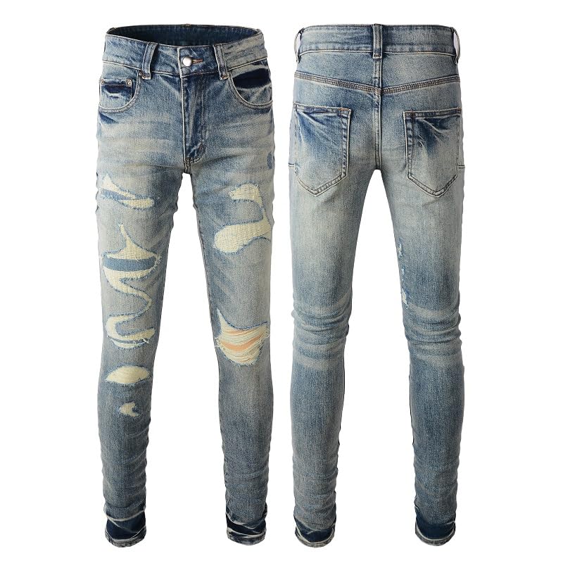 Mens Grey Denim Ripped Jeans Skinny Pants Stretch Slim Fit Knee Distressed Trousers