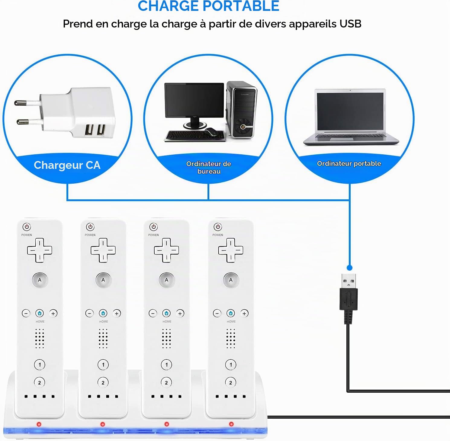 Puseky Station de Chargement pour Wii, 4 en 1 Manette Station de Chargement avec Indicateurs LED 4 pièces 2800mAh Batterie Rechargeable Paquet pour Télécommande Wii