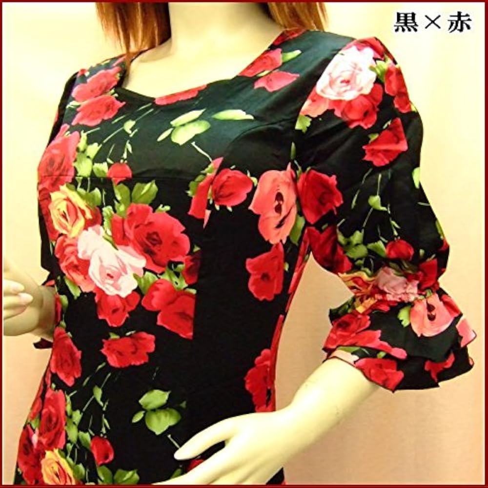 Amazon.co.jp: フラメンコ衣装 ワンピース ドレス 七分袖 黒×赤 総花柄