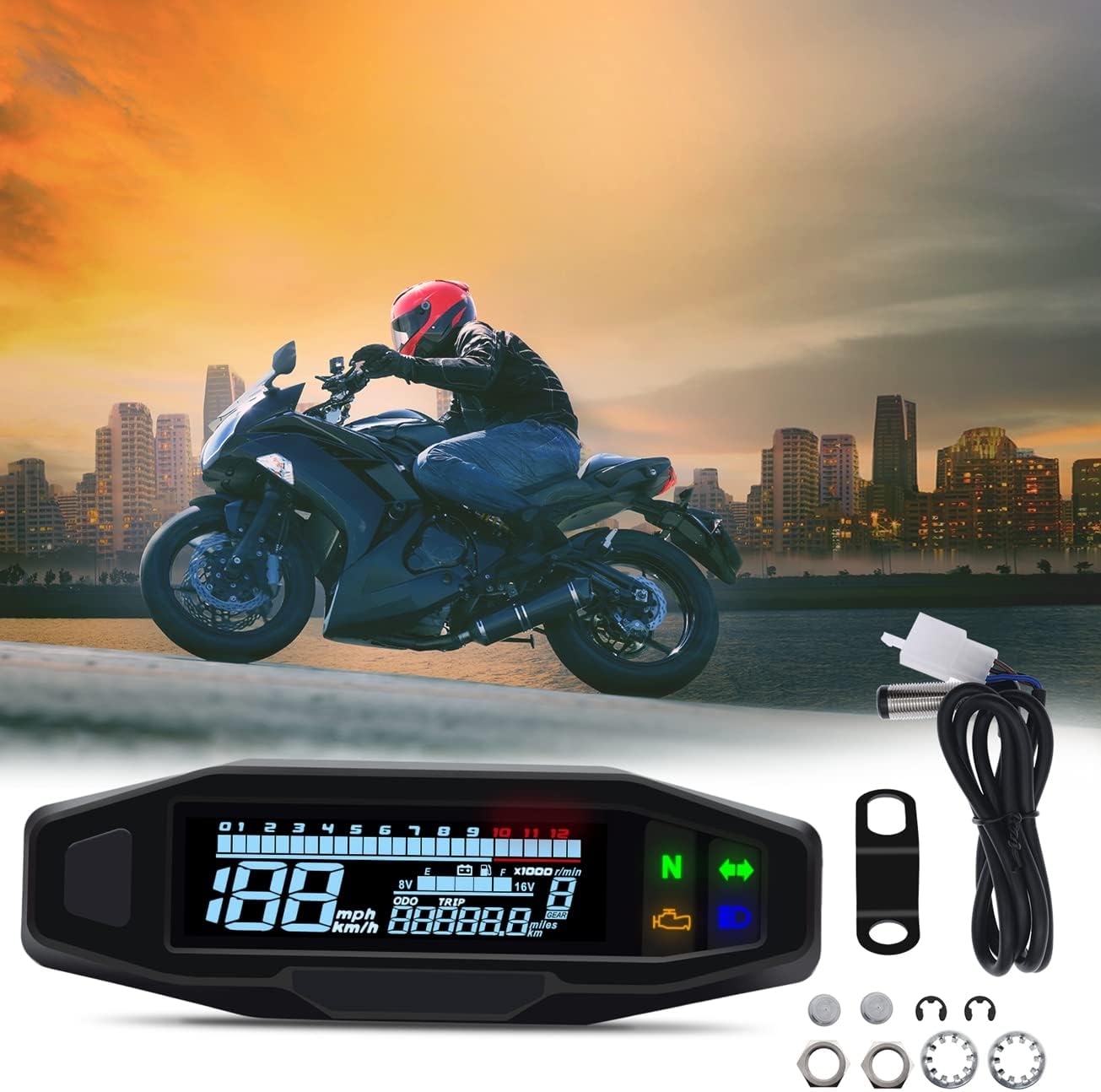KAOLALI Motorcycle Digital Speedometer Gauge RPM LCD Digital Tachometer Carburetor Odometer Meter (with Sensor + Z Bracket)