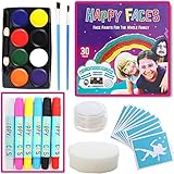 FACE Paint Set: 30 Piece Kit Including Face Paints, Face Painting Pens, Brushes, Sponge, Stencils & Guide Book. Ideal As Birthday, Halloween, Makeup, Dressing up Gift Idea