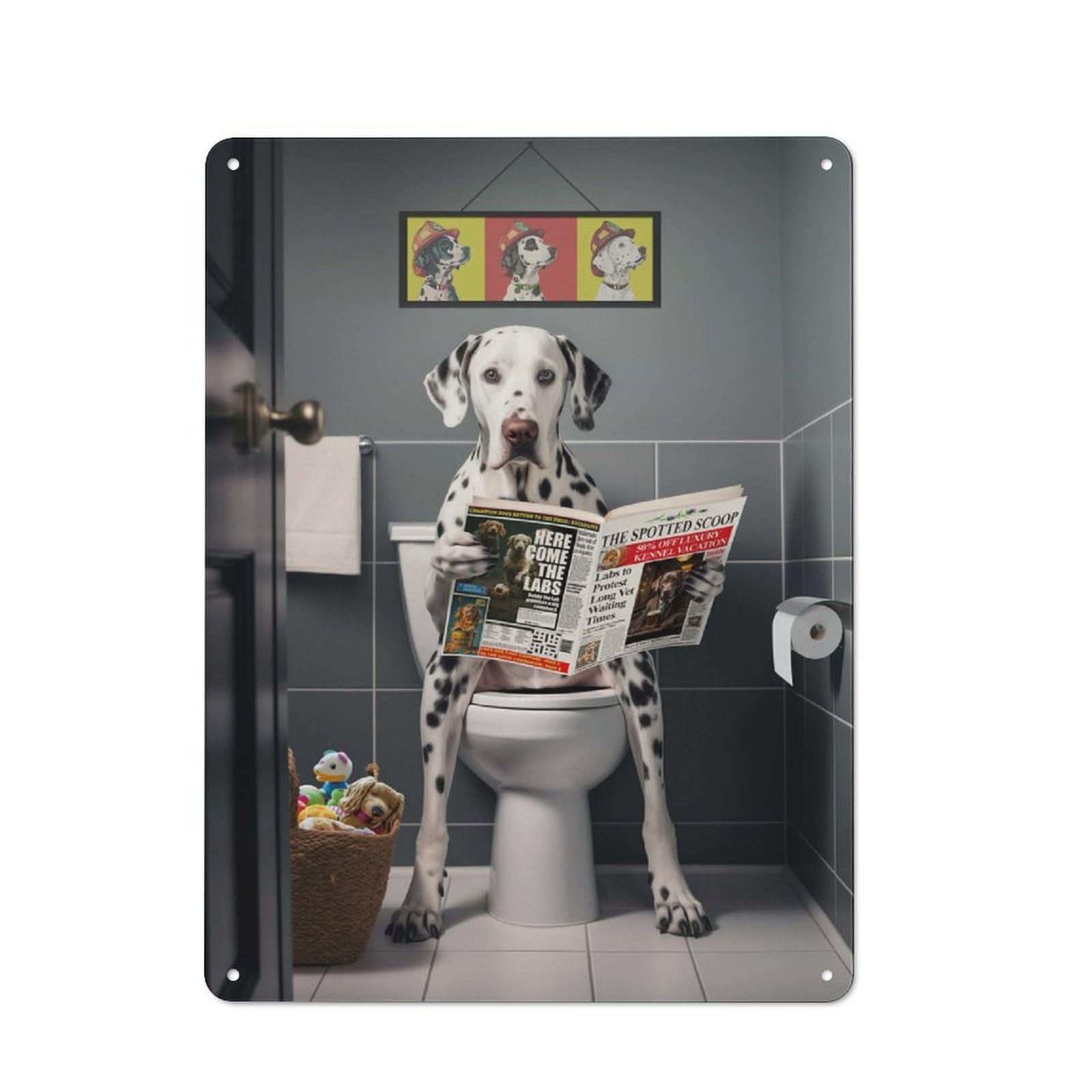 Metal Wall Sign 40x30cm Featuring Dalmatian on The Toilet for Pub Or Café, Housewarming Wall Decor for People Furnishing Pub And Café