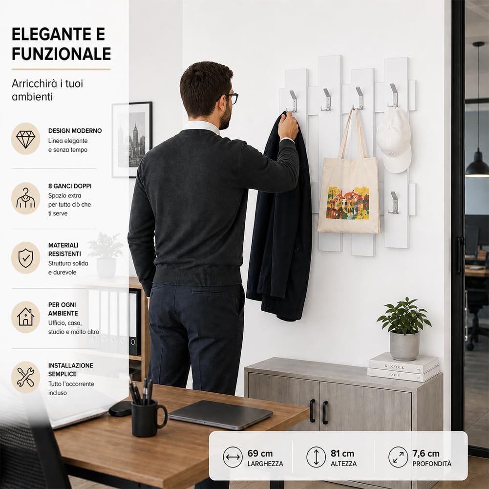 Shally Dogan Appendiabiti da Muro con 8 Ganci Doppi Resistenti, Attaccapanni Montaggio a Parete Resistente Alta Capacità in Legno, Design Moderno, Ideale per Ingresso Casa e Ufficio (Bianco)