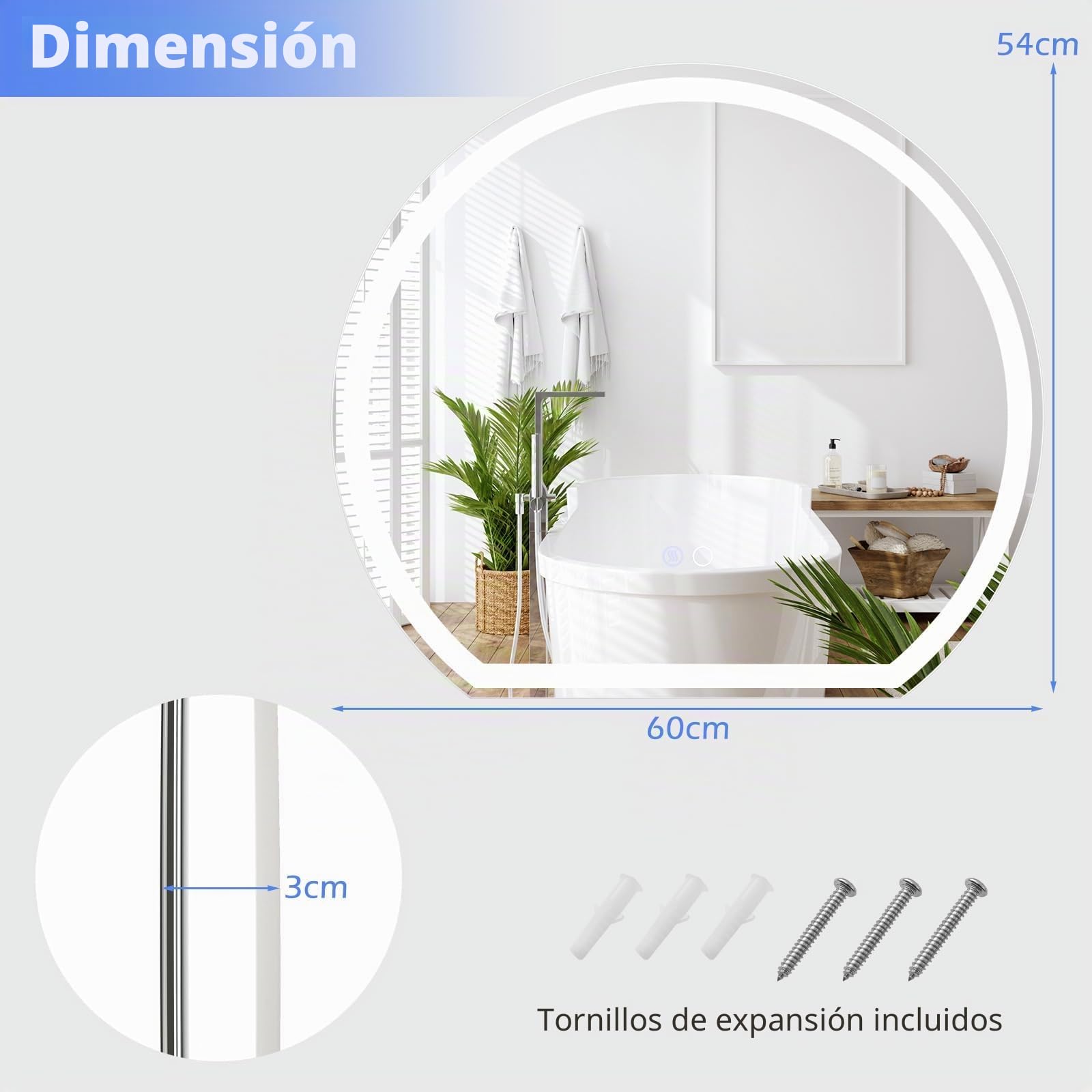 FANTASK Espejo de baño LED con iluminación, antivaho, Espejo de Pared Regulable con Interruptor táctil y función de Memoria, Espejo Colgante LED para baño, 60 x 54 cm, Color Plateado