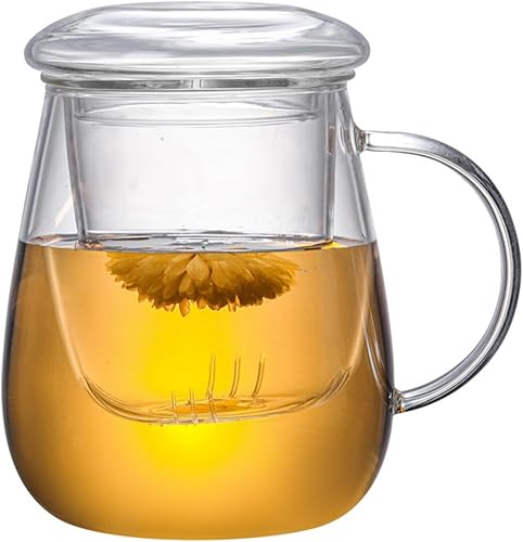 2 tazas de té de vidrio con infusor y tapa, tazas de vidrio transparente de 17.6 onzas, taza infusora de té de vidrio grueso, tazas de té de