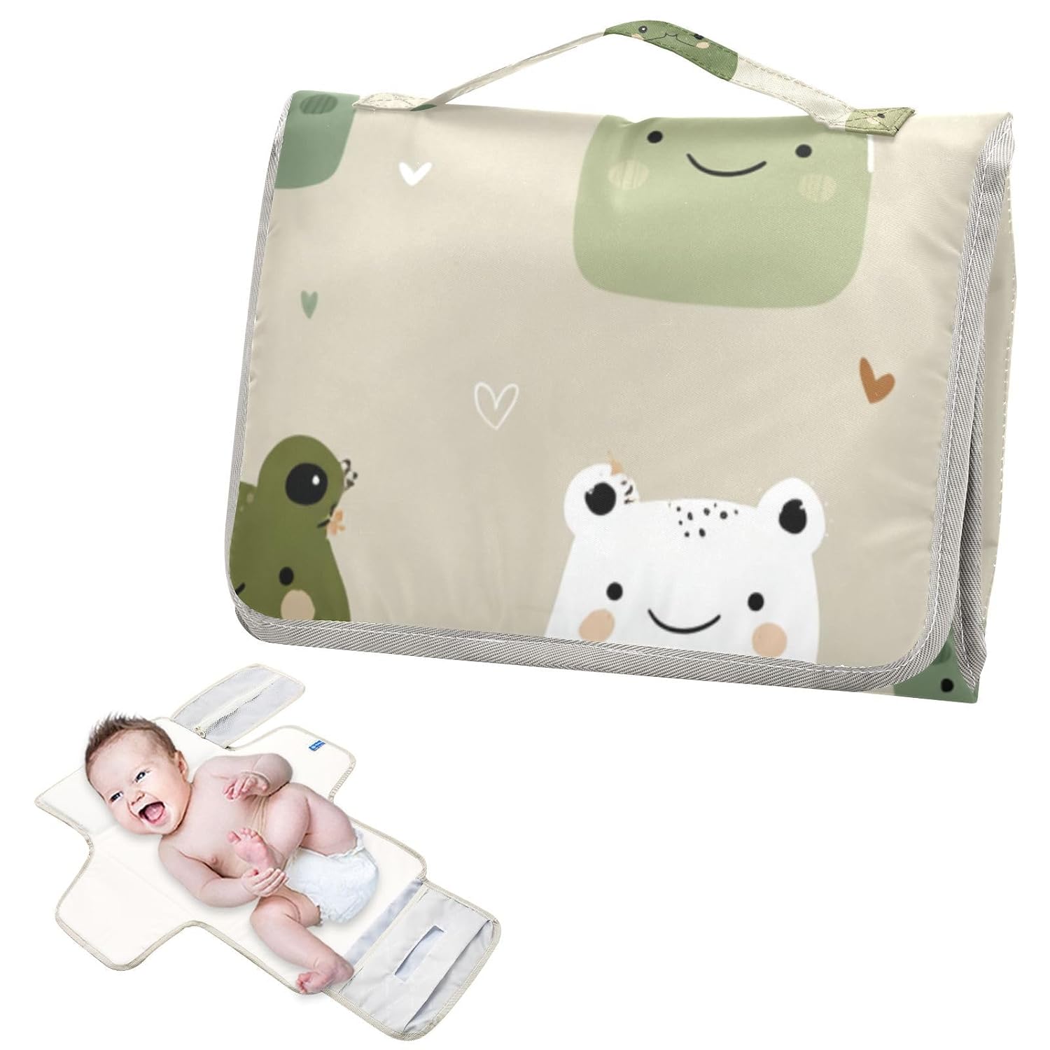 Cartoon Cute Frog Animals Green Reusable Baby Changing pad with Tissue Pocket Diaper Changing pad Portable with Built-in Pillow cambiadores de pa?ales para Bebes