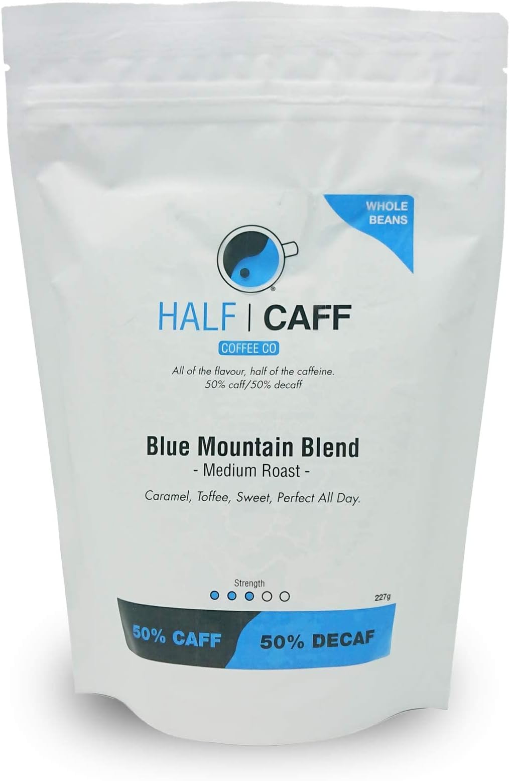Blue Mountain Half Caff Coffee Beans - Medium Roast - 50% Blend of Decaf and 50% Blend of Regular Caffeinated Coffee - Swiss Water Decaf Process - For All Coffee Machines - 227g