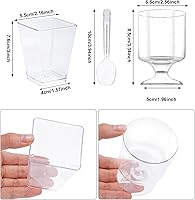 Vista 2 de Whaline 200 tazas de postre de 5 onzas con cucharas, 50 tazas de parfait de copa cuadrada, 50 tazas de aperitivo transparentes, 100 cucharas
