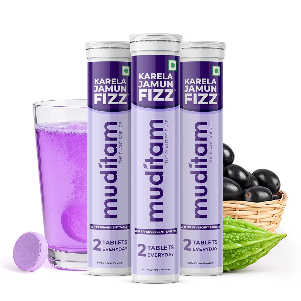 Muditam Ayurveda Karela Jamun Fizz-60 Effervescent Tablets(Karela Jamun Juice)|Helps in High Sugar Condition|Promotes Healthy Glucose Levels | Boosts Digestive Health| Ideal For 1Month-image-1