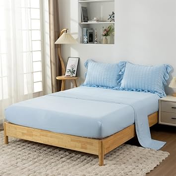 NTBED 5Pcs Twin Light Blue Ruffle Comforter Set Girls Seersucker Bedding