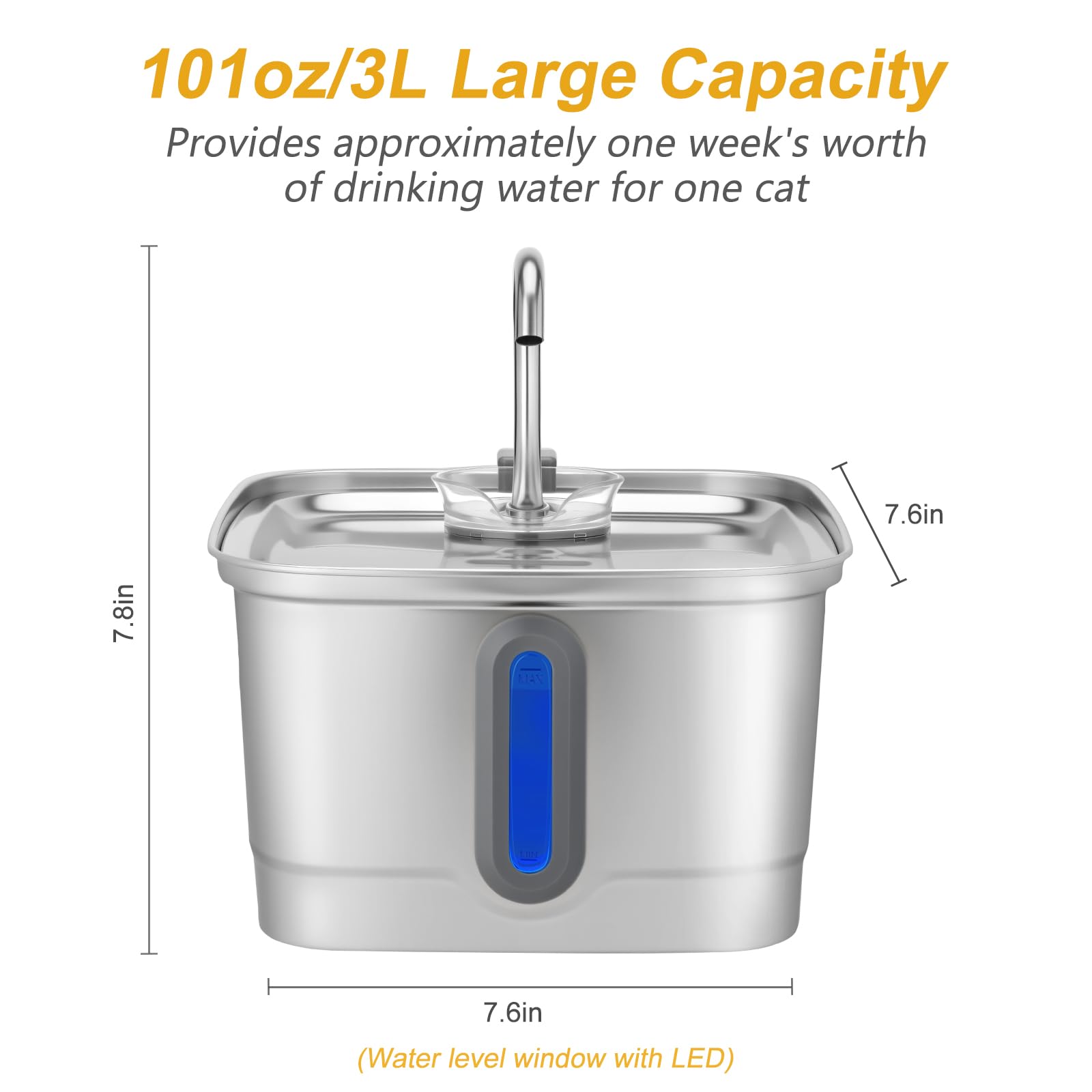 Stainless Steel Cat Water Fountain, 101oz/3L Automatic Pet Water Fountain, Dog Water Fountain with Replacement Filters for Cats, Small Dogs (8 Filters and 8 Sponges) - image 7