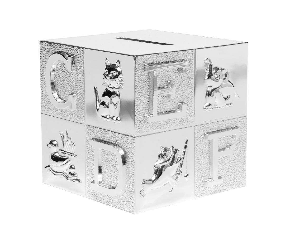 Brillibrum Design Children's Money Box Shiny Silver Money Gift for Christening First Day of School Piggy Bank ABC First Day of School (ABC Cube, Engraving up to 15 Characters)