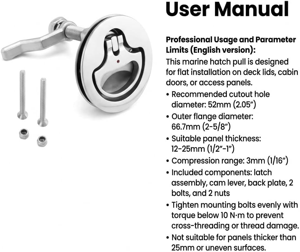 QWORK Marine Hatch Cam Latch 316 Stainless Steel – Fits 2.05" Cutout for Boat Decks, Hatches & Panels