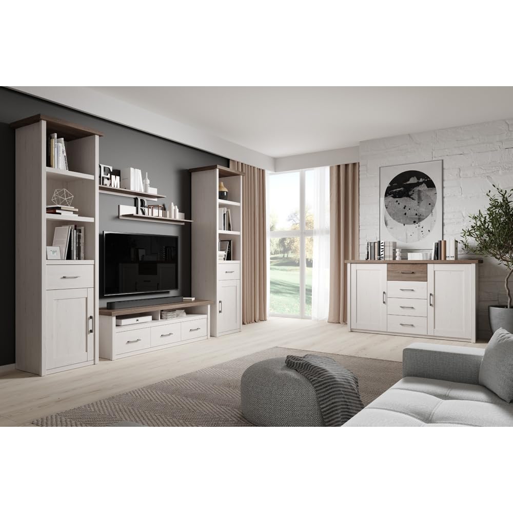 Lomadox Wohnwand Wohnzimmer im Landhausstil in Pinie weiß Nb./Trüffel Eiche Nb., B/H/T: ca. 298/201/43 cm