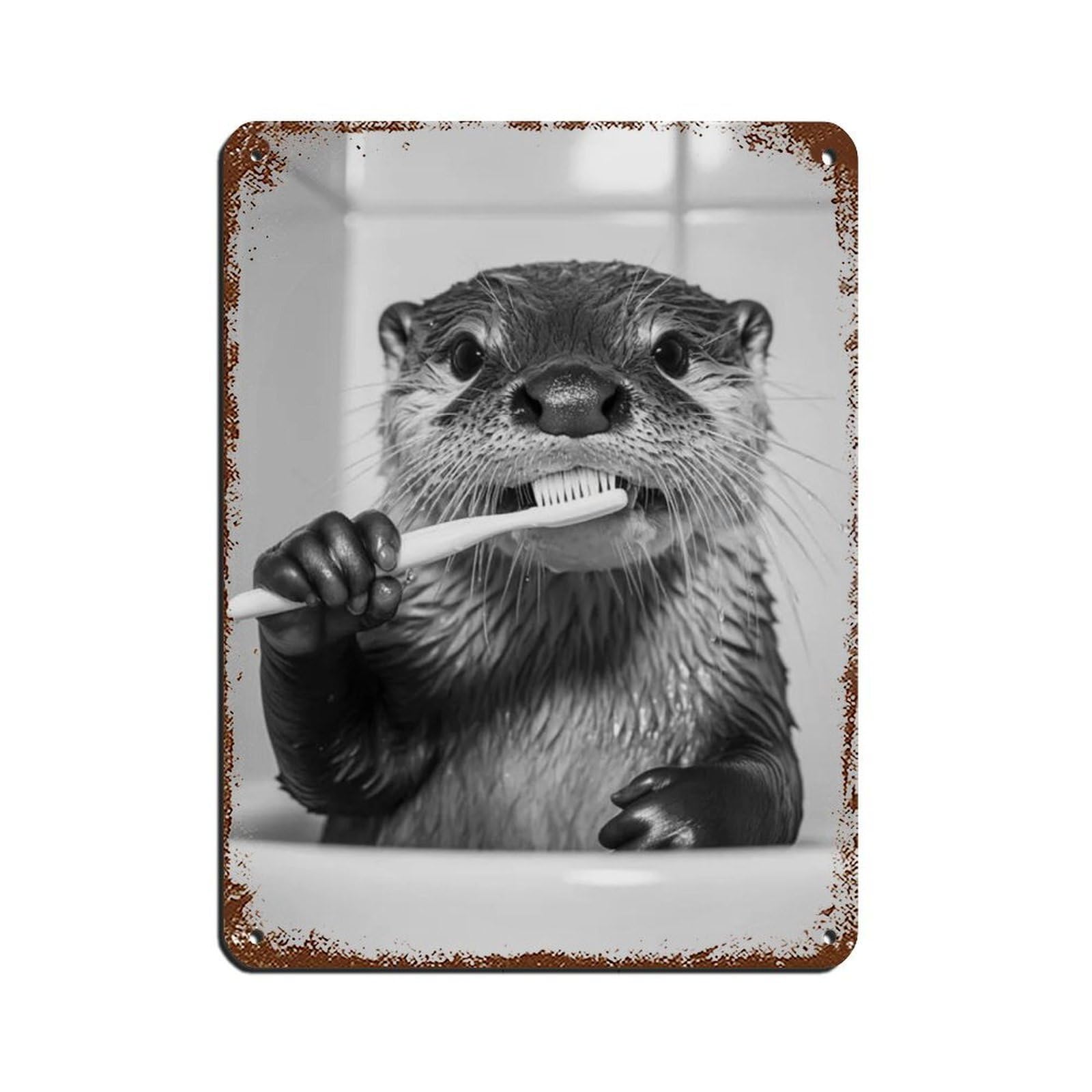 Lxwnze 30L X 40W Cm Otter Brushing Teeth, Funny Bathroom Art Tin Sign Vintage Metal Pub Club Cafe Bar Home Wall Art Decoration Poster Retro 12X16inch(30X40cm)