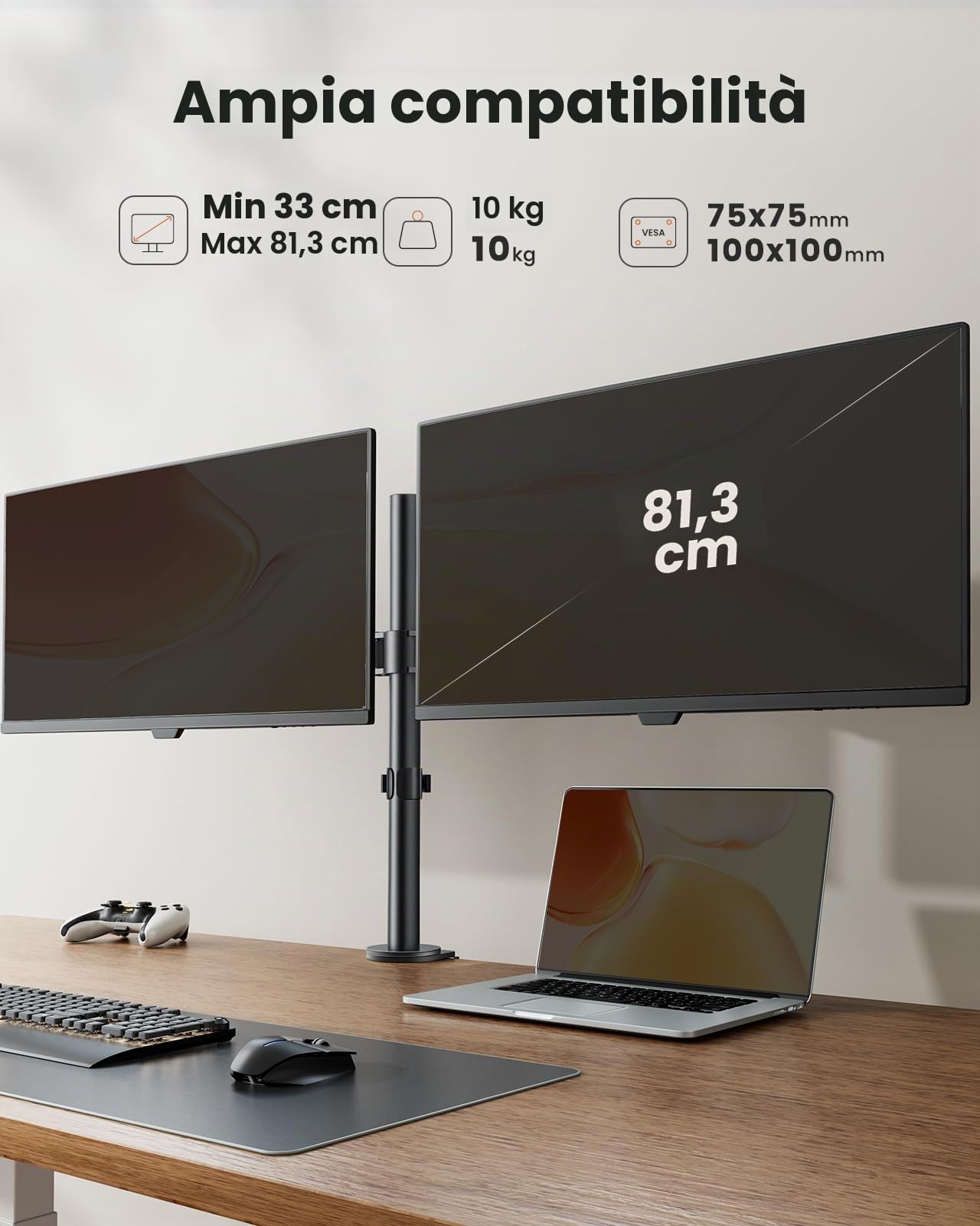 ErGear Supporto per doppio monitor, resistente, regolabile, per 2 schermi fino a 32 pollici, completamente regolabile in altezza, inclinabile, girevole, supporta 8 kg per braccio monitor, facile