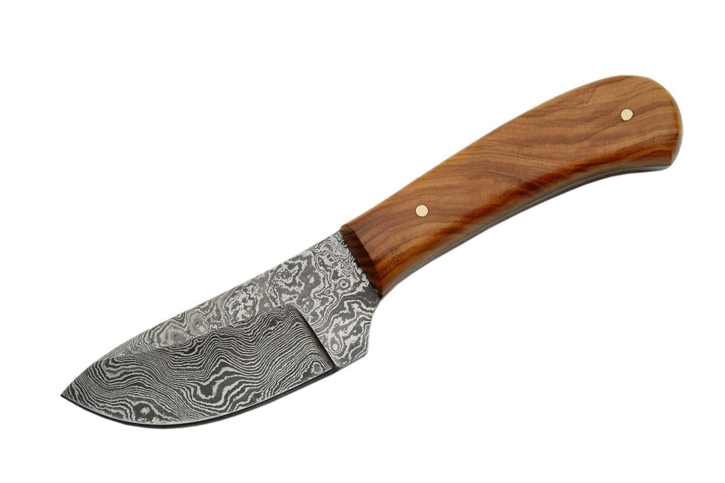 Damascus - Couteau d'extérieur - Longueur de la Lame : 6,98 cm - Skinner Olive Wood