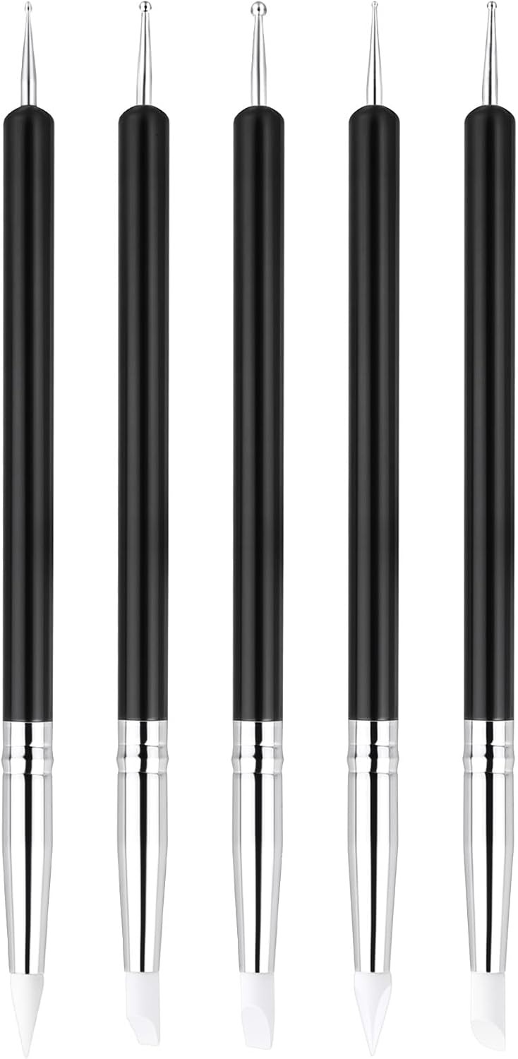 5PCS Nail Art Sculpture Pen, Dual Tipped Silicone Nail Tools, Doubel Ended Dotting Pen Tool, Rhinestone Nails Polish Carving Pen, Silicone Nail Tools for DIY Decoration, Salon (Black)