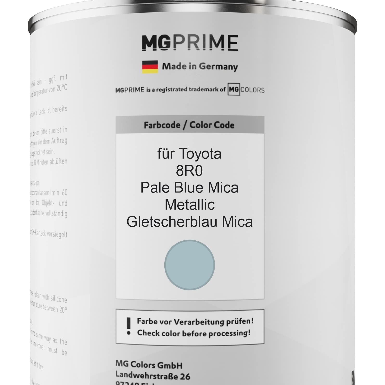 MG PRIME Vernice per auto Barattoli per Toyota 8R0 Pale Blue Mica Me. 2,5L | Gletscherblau Mica / Pale Blue Mica Metallic, Kit vernice di base + trasparente 2K + indurente, pronto all'uso
