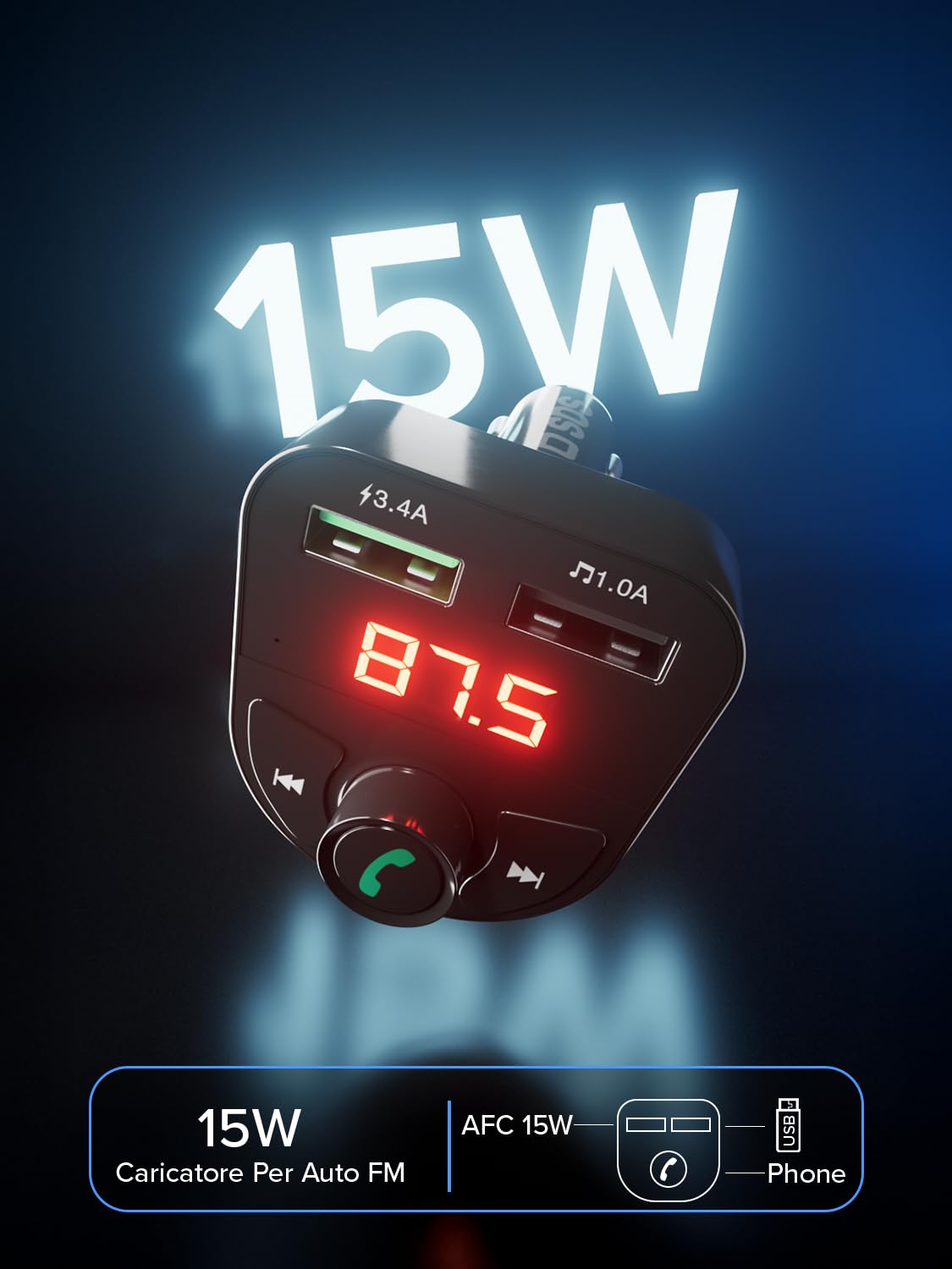 SBS Carica Batteria Auto 15W, Presa Accendisigari 12V, Ricarica Rapida | Trasmettitore FM Bluetooth, Vivavoce, MP3, Lettore Audio, Display LCD, Comandi Integrati, Ingresso MicroSD, Nero