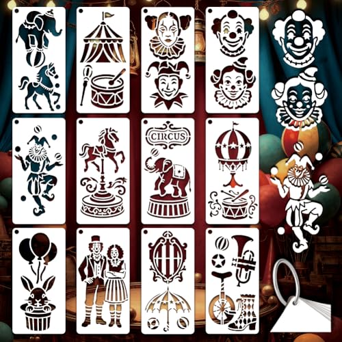 GOMAKERER 12 feuille Pochoirs Adventure Circus pour Peinture, 12 style Modèle Dessin Cheval Manège Joker en Plastique Modèles Artistiques de Cirque Carnaval...